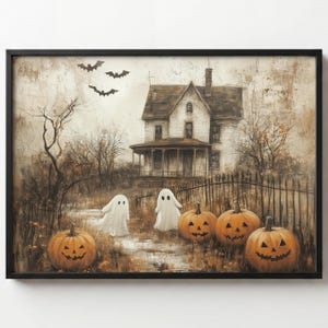 May include: A framed Halloween-themed print featuring a spooky house, bats, ghosts, and carved pumpkins. The artwork has a vintage, distressed look with muted colors, creating a classic Halloween scene.