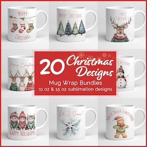 Op de afbeelding: Een collectie witte keramische mokken met diverse kerstthema-illustraties waaronder kousen, bomen, rendieren, een sneeuwman, kittens, een sneeuwvlok en een peperkoekmannetje, met de tekst 20 Christmas Designs Mug Wrap Bundles.