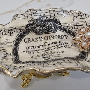 Decoupaged Oyster Shell Ring Dish, Mozart Music Notes, Gold Trim, Jewel Accents