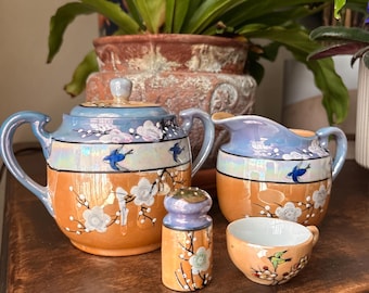 Vintage Lustreware Tea Set | Teapot Creamer Sugar Cup & Shaker