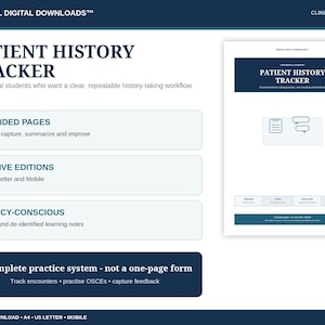 May include: A digital patient history tracker document for medical students. The white page features a dark blue header with the text Patient History Tracker, 24 guided pages, 3 native editions including US Letter, and privacy-conscious notes.