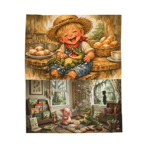 May include: A two-part illustration featuring a laughing child in a straw hat holding a small alligator near a basket of bread, and a room with a piglet and an alligator playing on a rug surrounded by books, toys, and a window view of trees.