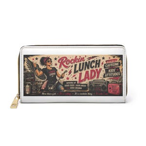 May include: White zippered wallet featuring a vintage-style graphic. The graphic reads "Rockin' Lunch Lady" with a cartoon woman and text like "Caffeine" and "Kids' Attitudes." The wallet has a gold-colored zipper and pull.