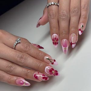 Medium Almond Cherry French Press on Nails with 3D Floral Designs