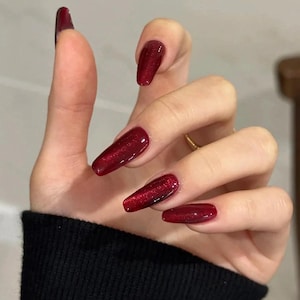 Long Coffin Press-On Nails – Red Cat Eye Acrylic Bling Design