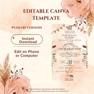 Pode incluir: Um modelo Canva editável para um convite em punjabi com um fundo de aguarela em tom pêssego suave e detalhes florais secos. O design inclui o texto "EDITABLE CANVA TEMPLATE," "PUNJABI VERSION," "Instant Download," e "Edit on Phone or Computer."