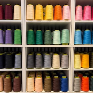 May include: A collection of sewing thread spools organised by colour on white shelving. The spools are arranged in rows, featuring a wide spectrum of hues including red, yellow, pink, purple, green, blue, grey, brown, and neutral tones.