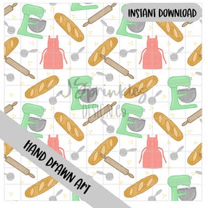 Transparent Baking Seamless Pattern PNG, Kitchen Mixer Bread Apron (Digital Download)