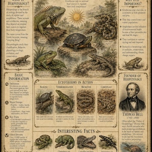 Op de afbeelding: Een educatieve poster in vintage-stijl getiteld Herpetology Ectotherms met gedetailleerde illustraties van reptielen en amfibieën, waaronder een leguaan, schildpad, slang, kikker en hagedis, samen met informatieve tekstblokken en een portret.