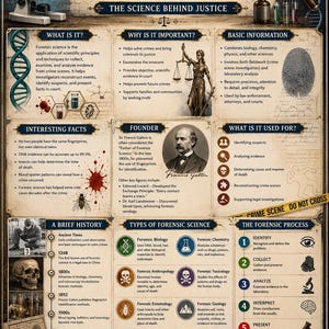 May include: An educational poster titled Forensic Science: The Science Behind Justice. It features sections on history, types of forensic science, and the forensic process, illustrated with a microscope, magnifying glass, DNA, and test tubes.