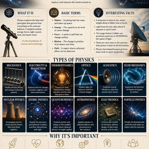 Puede incluir: Un póster educativo titulado Physics: The Language of the Universe, que presenta secciones sobre términos básicos, datos interesantes, tipos de física como mecánica y óptica, y una cita de Albert Einstein en la parte inferior.