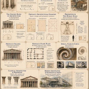 以下が含まれることがあります： 「Fibonacci in Architecture」と題されたベージュ色の教育用ポスター。羊皮紙風の背景に、古典的および現代的な建築物、黄金比、人体比率、間取り図、幾何学的な螺旋の図解、テキスト、イラストが描かれています。