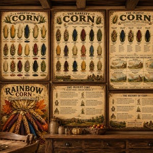 May include: A collection of five vintage-style wall posters featuring detailed illustrations of various corn varieties, including charts titled A Variety of Corn, The Rarest Corn, The Oldest Corn, Rainbow Corn, and The History of Corn with text.