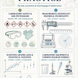 以下が含まれることがあります： 「Scientific Practice, Higher Education Reference Series」と題された教育用ポスター。GHS絵表示を用いた実験室の安全、デジタルノギスと天秤による測定、統計表記を用いたグラフ、一般的な記号を用いた実験器具の4つのセクションで構成されています。