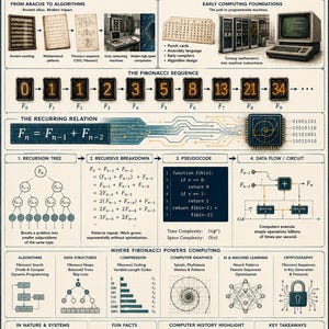 以下が含まれることがあります： 「Fibonacci in Computing」と題された教育用インフォグラフィック。フィボナッチ数列、その数学的特性、コンピューティングの歴史的背景、アルゴリズムやデータ構造、自然界における応用を説明する図、テキスト、イラストが掲載されています。