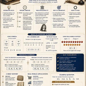 May include: An educational poster titled Math Foundations: Comparing and Ordering Numbers. It features sections on history, symbols, place value, and real-world applications, illustrated with icons, a number line, and mathematical examples.