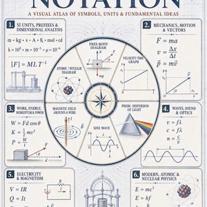 May include: A Physics Notation educational poster featuring a central circular diagram surrounded by six numbered sections covering SI units, mechanics, vectors, work, energy, electricity, magnetism, and nuclear physics with various formulas and illustrations.