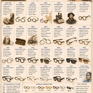 May include: A detailed educational poster titled Timeline of Eyeglasses 1200s-Present, featuring historical illustrations of eyewear styles, portraits of innovators, and text descriptions documenting the evolution of glasses from the 13th century to today.