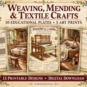 Weaving & Mending Printable Collection, 15 Vintage Textile Posters and Cottage Art, Loom and Stitch Guides, Digital Download