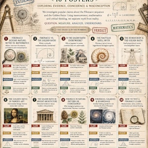 May include: A large educational poster titled Fibonacci Beyond Nature: Myths vs. Mathematics, featuring ten numbered sections with diagrams, illustrations of sunflowers, shells, galaxies, and the Vitruvian Man, plus mathematical formulas and text.