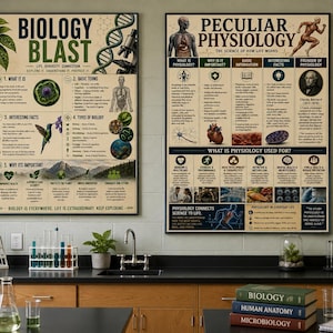 May include: Two educational wall posters titled Biology Blast and Peculiar Physiology. The posters feature scientific diagrams, text, and illustrations of cells, human anatomy, and nature, displayed in a laboratory setting with a skeleton model.