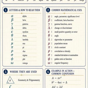 Op de afbeelding: Een educatieve poster getiteld Greek Letters in Mathematics, met het Griekse alfabet inclusief hoofdletters en kleine letters, hun namen, veelvoorkomende wiskundige toepassingen, vakgebieden en formules zoals A is pi r in het kwadraat.