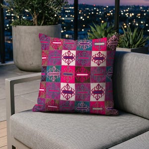 18x18 Patchwork Kilim Pillow Cover, Printed Chenille Cushion, Personalized Vintage Turkish Rug Pillow Gift