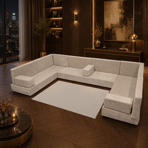 Handgjord ribbad sammetsmodulär golvsoffa, krämfärgad ottomansk soffgrupp, modern minimalistisk soffa, lyxig loungesoffa,