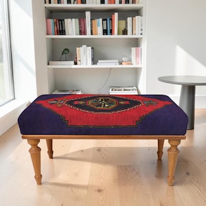 Kilim Pattern +Medallion Bench, Purple Red Gold Upholstered Bench with Turned Wood Legs, Boho Tribal Entryway Statement Seat