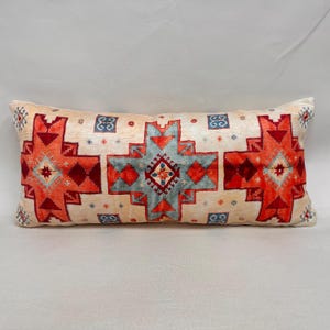 Handgefertigtes bedrucktes Lendenkissen 40,5 x 90 cm, beidseitig verwendbares Chenille-Kelim-Muster, langes Nackenrolle, Boho Sofa Dekokissen, ursprüngliches Design,