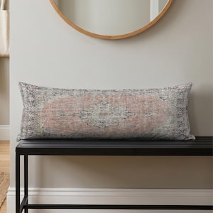 Blekt blush långt ländryggskugga, 12x24 vintage anatolisk kudde, antik textilkudde, rustik heminredningsdetalj
