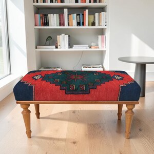 Kilim Star Medallion Bench, Navy Red Teal Upholstered Bench with Turned Wood Legs, Boho Tribal Entryway Statement Seating