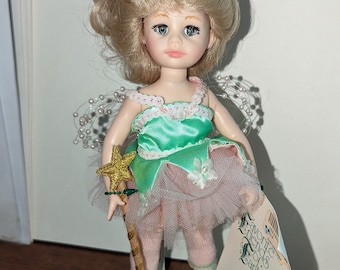 Robin Woods Tinkerbell Porcelain Doll Small, Cute 8" Disney Official Merchandise Green Fairy, Blonde Bun w/ Stand Vintage 1988