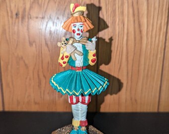Boo-Boo the Clown Lady Resin Figurine 6" Princeton Gallery 1995 - holding teddy bear - pleated skirt and bowtie - teal and yellow vintage