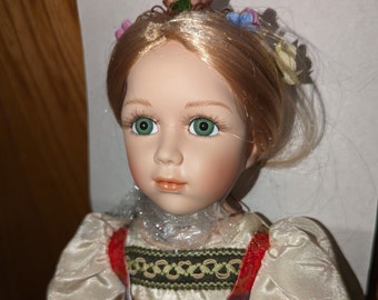 Geppeddo Fairy Tale Series Rapunzel 16" Porcelain Doll in Original Box Blonde Hair Green Eyes Long Braid 16R363F Rainbow Dress corset front