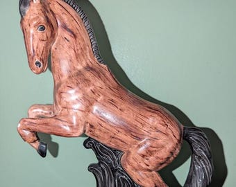 Vintage Rearing Horse Statue 12" hand painted ceramic hollow cast, brown and black stallion