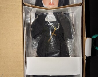 Vintage Nun Porcelain Doll 16" Sister Mary w/ rosary , blue eyes, brown hair - New in original box - Heritage Signature Collection #12154