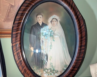 Hand-colored Antique Wedding Portrait in convex bubble glass and wood frame - early 1900's