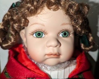 Geppeddo Fairy Tale Series Red Riding Hood 16" Porcelain Doll in Original Box Chubby Baby Face green eyes red curly hair, plaid dress