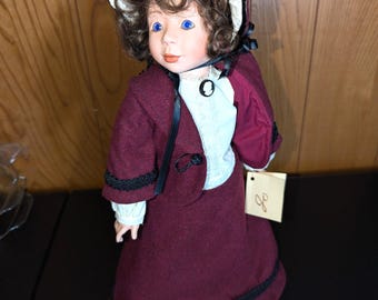 Little Women Jo Porcelain Doll 15" Limited Edition 22/50 by Catherine Halter - purple eyes, Maroon suit and bonnet, Hobby House Canton, OH