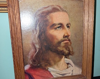 Vintage Jesus Lithograph Print in Wooden Frame 16 3/4" x 13 1/2" Christ Head by Peter V. Bianthi  - Winde Fine Prints - no glass