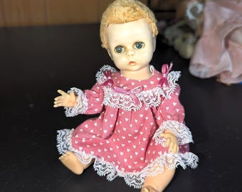 1956 Madame Alexander Little Genius Drink & Wet Mini Lifelike Baby Doll 8" in Pink Polka Dot Wendy Loves dress
