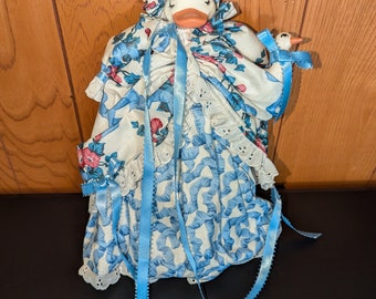 Just Ducky 1991 Puddle Duck Cloth and Glazed Porcelain Doll 12" - White & Blue Dress - Duck lady in bonnet holding duck- Country style decor