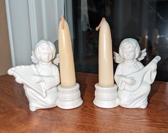 3.5" Cherub Candle Stick Holders Set of 2 - white ceramic - Angel with harp & lute Vintage - home decor housewarming new baby gift