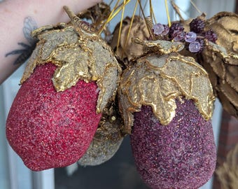 Glass Beaded Acorns set of 5 - gold and gem tones Fall Holiday Decor 4.5" hanging cute, sugar beaded