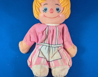 Floppy Moppet 1960's Vintage Doll, Pink stripes, rubber head, cloth body