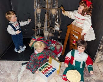 1995 Decorating the Tree collection by Ashton Drake Galleries set of 4 porcelain dolls: Melissa, Trisha, Ryan & Patrick, Christmas holiday