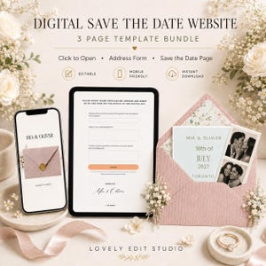 May include: Digital save the date website template bundle. The image shows a smartphone and tablet displaying a save the date design. A pink envelope with photos and a ring are also included. The text reads "Mia & Oliver" and "18th of July 2027".