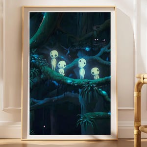 May include: A framed vertical wall art print depicting a dark, dense forest scene at night. Four small, glowing white, round-headed figures with large black eyes stand on a thick, mossy tree branch amidst deep blue and green foliage.