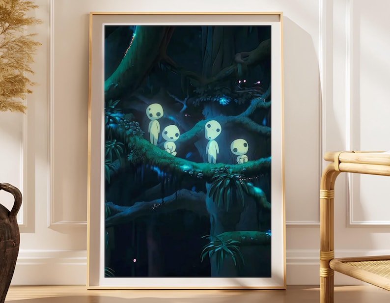 May include: A framed vertical wall art print depicting a dark, dense forest scene at night. Four small, glowing white, round-headed figures with large black eyes stand on a thick, mossy tree branch amidst deep blue and green foliage.